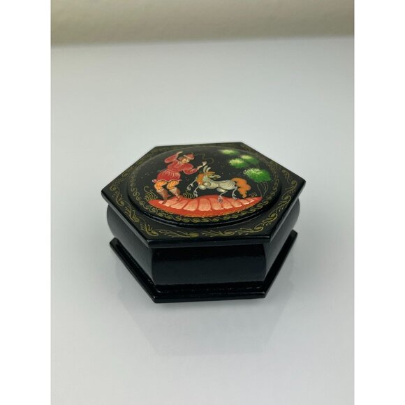 Artist Signed Russian Black Lacquer Trinket Box Hexagon Boy Donkey Pony READ - Picture 2 of 15